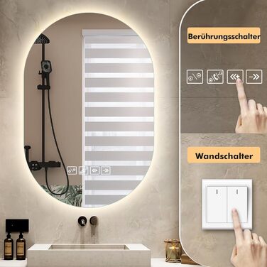 Дзеркало для ванної кімнати Worshow з підсвічуванням 50x70 см, прямокутне, LED, з антизапарюванням, Bluetooth, 3 режими кольору, таймер, пам'ять, сенсорне керування