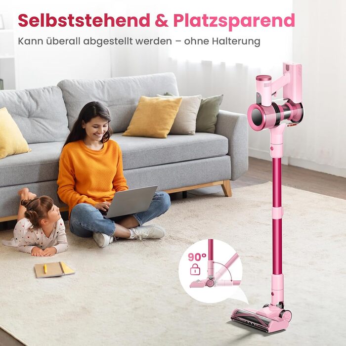 Акумуляторний пилосос Dzaki 50000 Па з дисплеєм, підставкою, довгою роботою та щіткою проти заплутування для килимів, твердих підлог, шерсті тварин, авто - помаранчево-рожевий