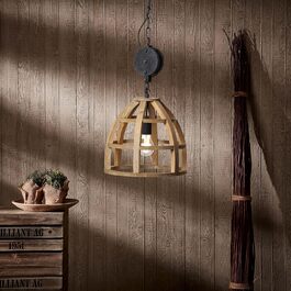 Підвісний світильник Lightbox у вінтажному стилі - регульований по висоті підвісний світильник з абажуром з коротким ланцюжком для вітальні або кухні - з дерева/металу - з Hellbarun/чорний корунд - Ø 34 см & 1,43 м висота