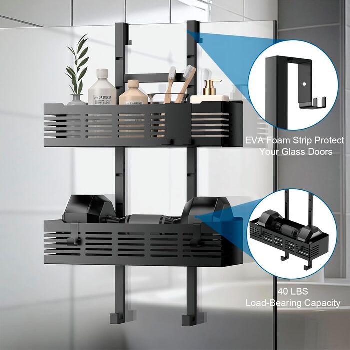 Настінна поличка для душу без свердління, чорна, для скляних душових кабін, регульована висота, 3 гачки для шампуню та гелю для душу