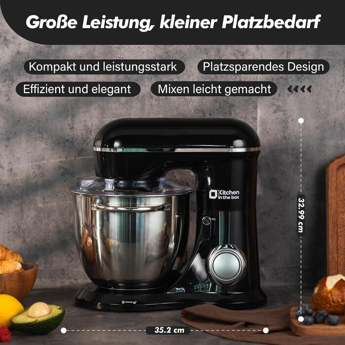 Кухонний комбайн Kitchen in the Box: 6 л, чорний, 10 швидкостей, з місткою чашею 6 л, набором насадок (міксер, гак для тіста, вінчик)