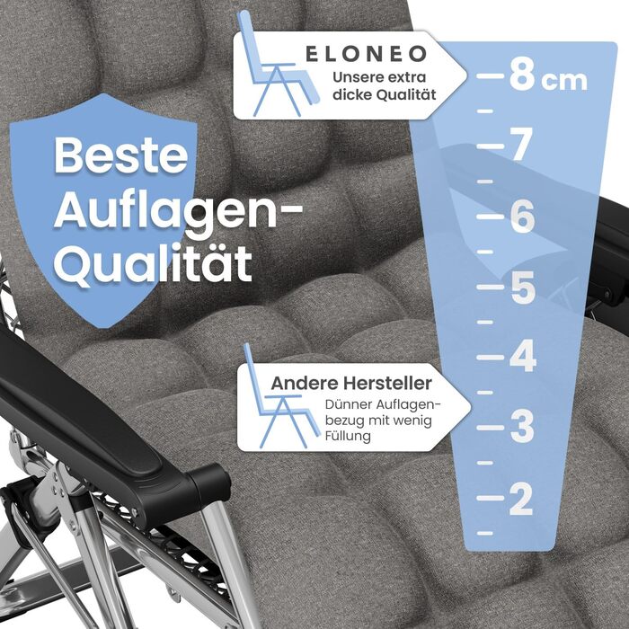 Лежак для відпочинку ELONEO: розкладний, з преміум-подушкою, стійкий до погодних умов, широка спинка, регульована, з подушкою для шиї та тримачем для напоїв (сірий)
