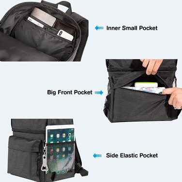 Терморюкзак 2-в-1 з ізольованою сумкою, великий об'єм, для пікніків, пляжу, походів, роботи та сімейних виїздів (24 банки), чорний