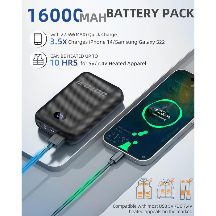 Акумулятор GOTOBI 16000 мАг для жилета з підігрівом - Power Bank 7.4V/5V зі світлодіодним дисплеєм, вихід DC/USB/Type-C