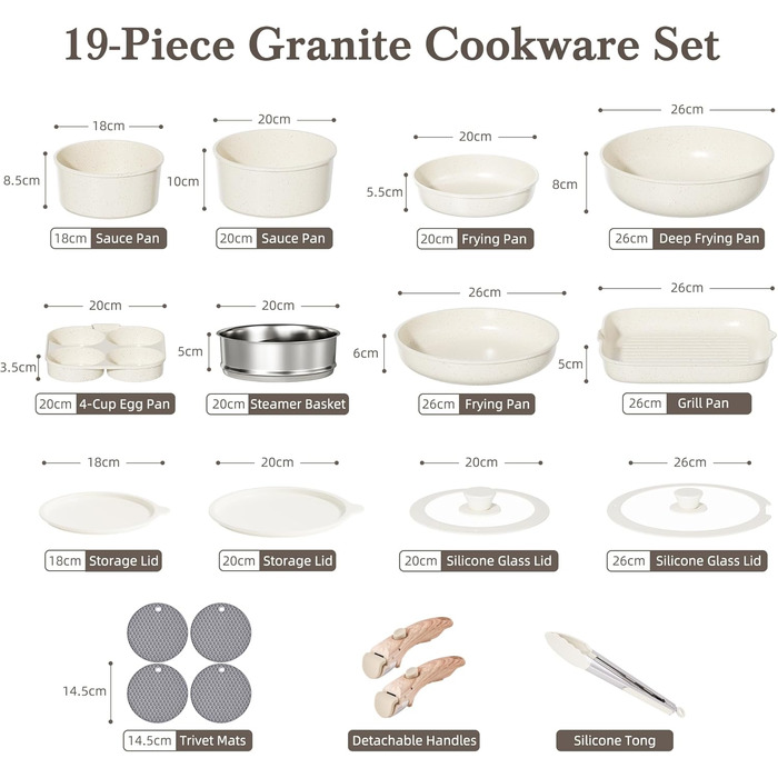 Набір посуду RIOVARM з індукційним дном: каструлі, сковороди та соусники з керамічним антипригарним покриттям, кухонні аксесуари, необхідні для приготування їжі