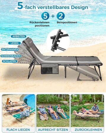 Шезлонг KingCamp великого розміру, розкладний, 5 положень, для саду, відпочинку, кемпінгу, з подушкою та кишенею, до 200 кг, 200 x 68 см, сірий