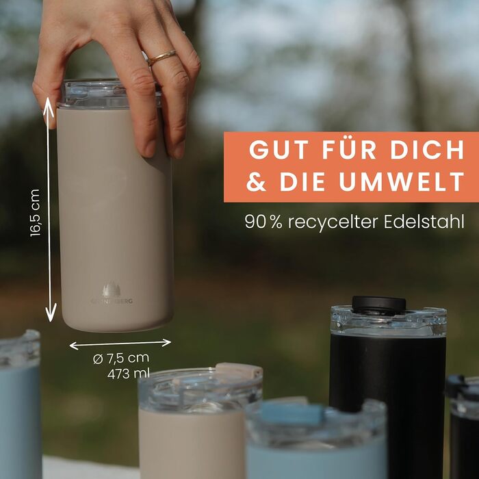 Термокружка Groenenberg 473 мл | Зберігає тепло до 4 годин | Без витоку | З переробленої нержавіючої сталі (Earth)