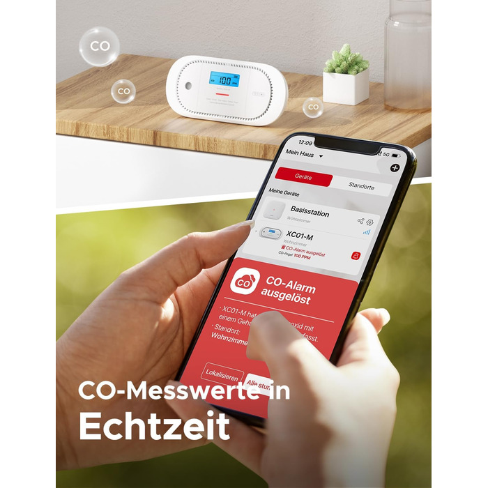 Виявлювач CO X-Sense з LCD-дисплеєм, SBS50, XC01-M (1 шт.) - для дому, з пам'яттю, з базою