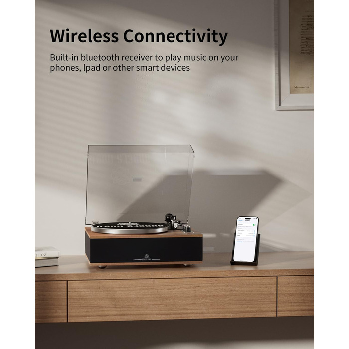Вініловий програвач ANGELS HORN з Bluetooth, HiFi динаміками, вбудованим фонокоректором, підтримкою 33/45 об/хв та головкою AT-3600L
