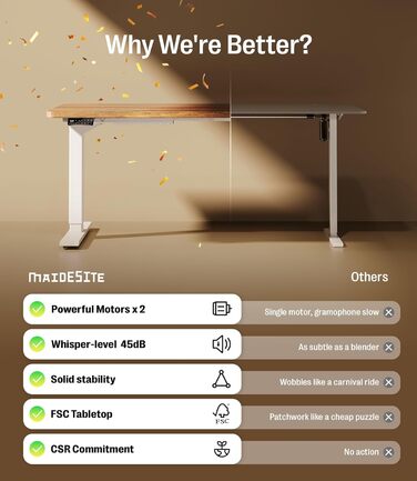 Регульований стіл MAIDeSITe S2 Pro (160x80 см) з електроприводом, 160 кг, захист від зіткнення, білий каркас + вінтажна коричнева стільниця