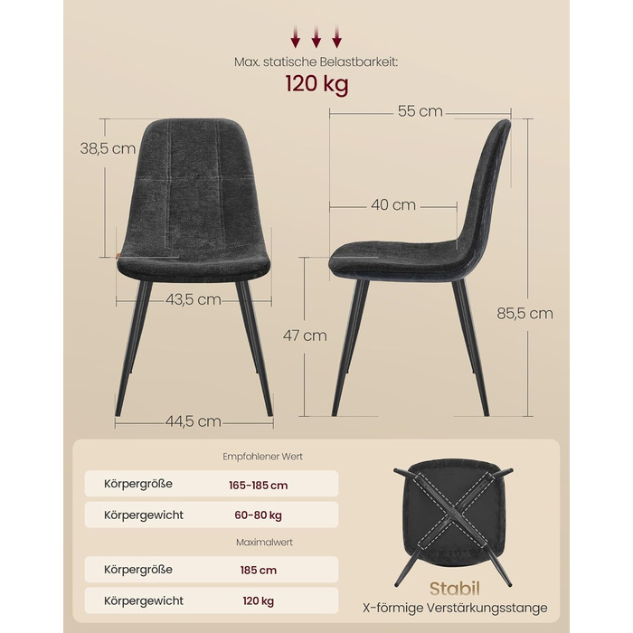 Набір з 2-х обідніх стільців VASAGLE, сірий, з м'яким сидінням, металеві ніжки, регульовані, з тканини Chenille, PU з малюнком, легкий у догляді