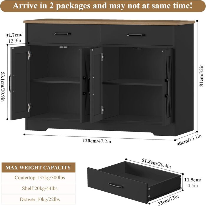 Тумба під ТВ HOCSOK 120 см, кухонна шафа з робочою поверхнею, буфет для зберігання з 2 висувними ящиками та 4 дверцятами, для вітальні, кухні, передпокою, чорний & коричневий