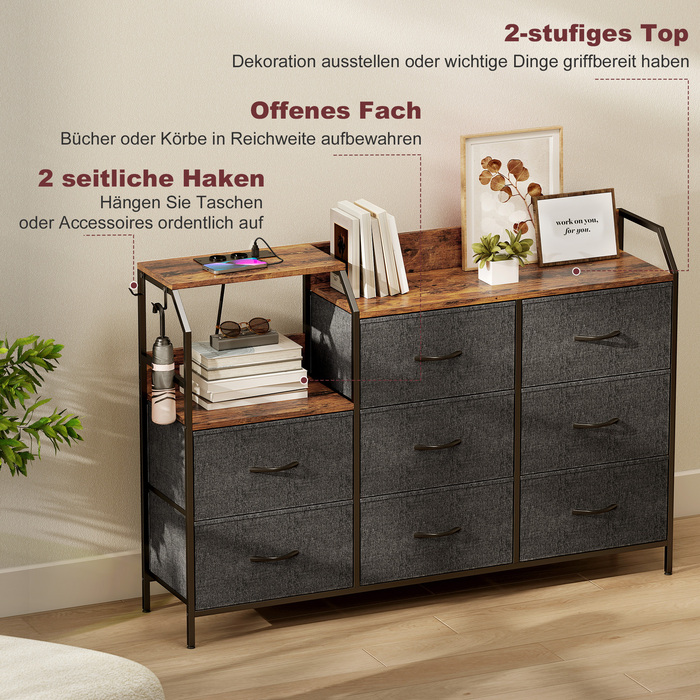 Комод з 8 висувними ящиками з тканини, сталевий каркас, станція заряджання, стиль рустик, колір коричневий+чорний