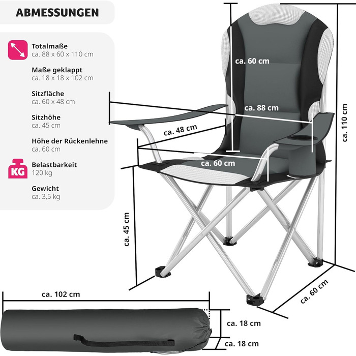 Крісло для риболовлі Tectake Крісло для кемпінгу з м'якою та водовідштовхувальною оббивкою з підстаканником з сумкою для перенесення -Різні кольори та кількість- (Набір з 2 сірих No 401296) Одномісний набір з 2 сірих No 401296