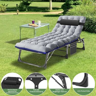 Розкладне ліжко – крісло, 200 кг, з матрацом, кишенями, регульованою спинкою та підголівником – для офісу, тераси, саду, кемпінгу та відпочинку (Сірий плюш)