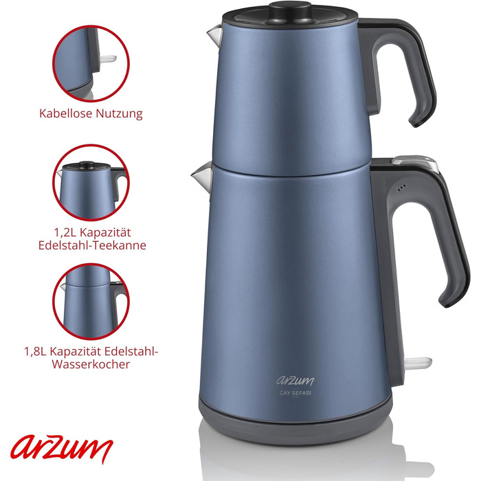 Арзум Ehlikeyf - електрочайник та турка для приготування турецького чаю, 2200W, 3,5л, 1,2л, нержавіюча сталь, регулювання температури, захист від сухого кип'яття, блакитний