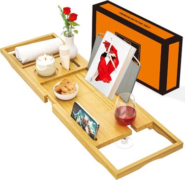 Висувна поличка для ванни - регульована доріжка для ванни. Неслизька поличка для ванни. Підходить для більшості ванн. Утримує книгу, iPad, телефон, склянку, свічку. Преміум-якість, натуральні матеріали.