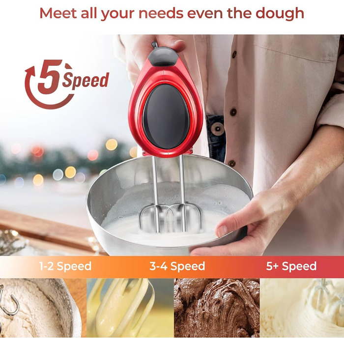 Електричний ручний міксер Kestreln з плоским дном, для випічки, з гачками для тіста, червоний