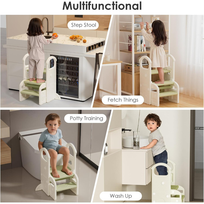 Триттхокер Hoopyosms для дітей, 2/3-рівневий, регульована висота, складаний, з поручнями, антиковзаюча поверхня, для ванної та кухні, підходить для малюків (зелений)