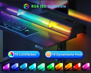 Офісний стіл для геймінгу OffiGo, 140 см, регульована висота, RGB LED, розетки, 3 полиці, тримач для напоїв та навушників, стільниця з карбону, білий (чорний)