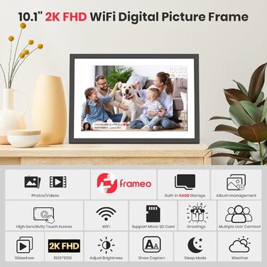 Цифровий фоторамка Frameo 10.1 дюймів: 64GB, 2K сенсорний екран, автоповорот, Frameo App