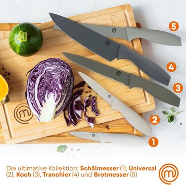 Набір ножів MasterChef 5-ти частинний: кухонний, для хліба, сатокі, овочевий, універсальний, з нержавіючої сталі, чорний, з м'якими ручками