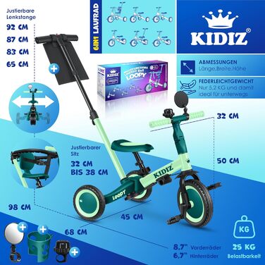 Біговел-триколіс KIDIZ 6-в-1 для дітей 1-5 років до 25 кг, з ручкою, захисним бампером, ременем безпеки, дзвінком та дзеркалом (зелений)