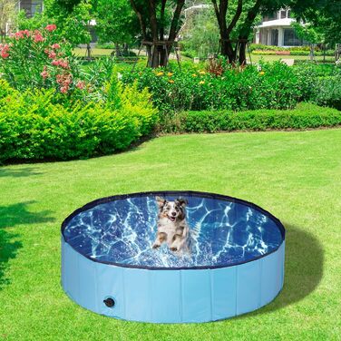 Басейн для собак Relaxdays, В x Г 30 x 120 см, складний, зі зливним клапаном, дитячий басейн для собак для охолодження, ПВХ і МДФ, синій