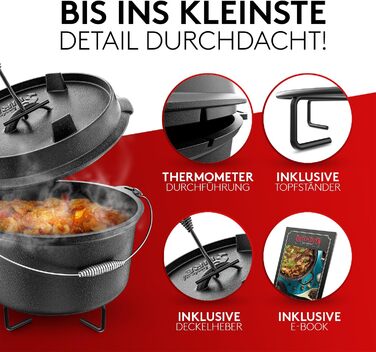 Набір чавунного казана BBQ Dutch Oven [Das Original] 10,8 л з підставкою та кришкою-гриль 2,2 л, піднімачем та електронною книгою рецептів