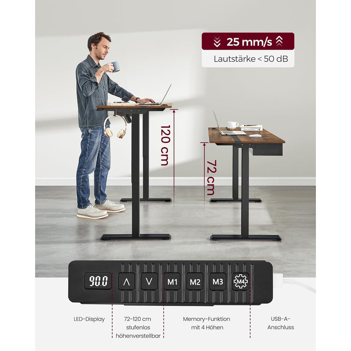 Електричний регульований стіл VASAGLE, 60 x 140 см, з пам'яттю висоти, розетками та ящиком, кольори: білий + горіх, LSD112W01