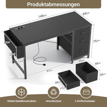 Компактний письмовий стіл Claiks з 3 висувними ящиками, 100x60 см. Комп'ютерний стіл з розетками та USB-портами для дому та офісу. Чорний колір