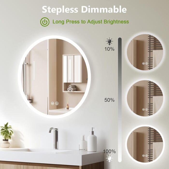 LED дзеркало для ванної кімнати AllRight з підсвічуванням 50 см, кругле, димування, 3 кольори світла, сенсорне керування, антизапар, для макіяжу та гоління