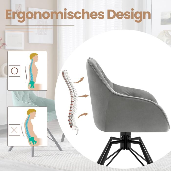 WOLTU Комплект з 4-х обертових стільців для їдальні, з підлокітниками, 360° обертання, для кухні та вітальні, з м'яким оксамитовим покриттям, сірий