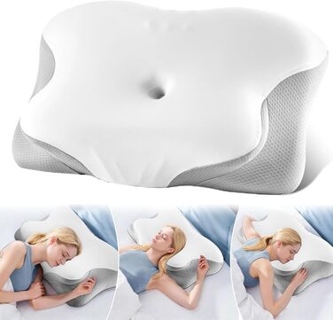 Ортопедична подушка для шиї Donama з memory foam, для сну та зняття болю в шиї та плечах, ергономічна подушка для сну на боці, спині та животі, білий/сірий колір, розмір 61x39x12 см
