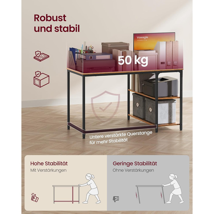 Кутовий стіл VASAGLE L-подібної форми з полицею, для офісу та дому, 110 x 80 см, vintage brown