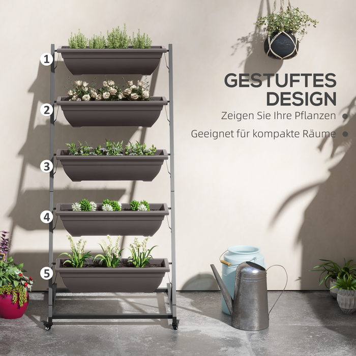 П'ятирівнева підставка для квітів, 145 см заввишки, мобільна квіткова полиця з роликами, сталева конструкція, колір - коричневий