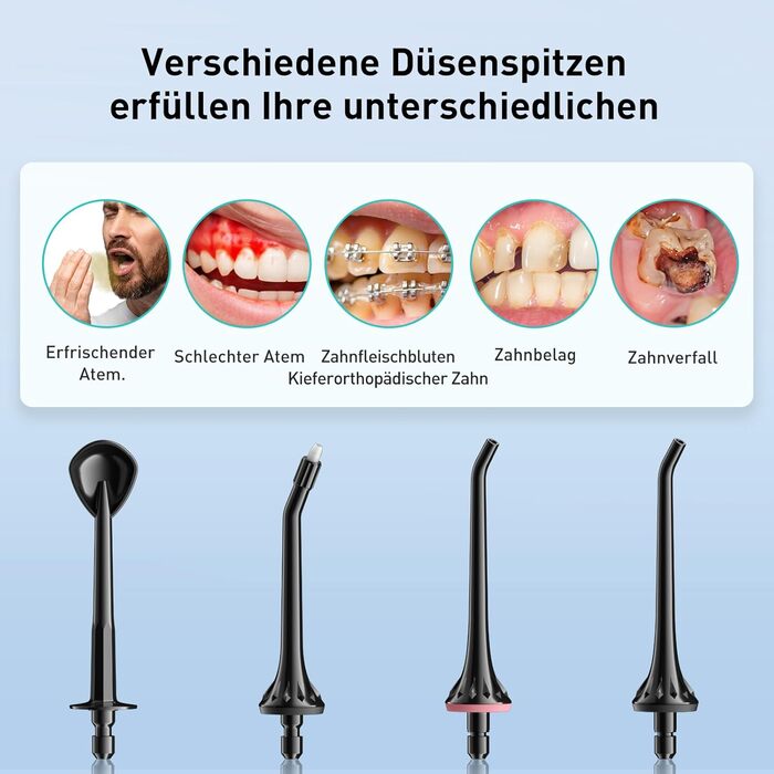 COSLUS Бездротовий електричний іригатор для порожнини рота: 4 режими, портативний, бак 300 мл, з очищувачем язика, для догляду за зубами та подорожей (світло-зелений/світло-чорний)