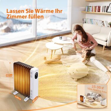 Електричний масляний радіатор Aigostar Cozy 2300W з пультом дистанційного керування, 11 ребер, термостат, 3 режими, таймер 24г, LED-дисплей, захист від перекидання та перегріву, мобільний обігрівач для кімнати