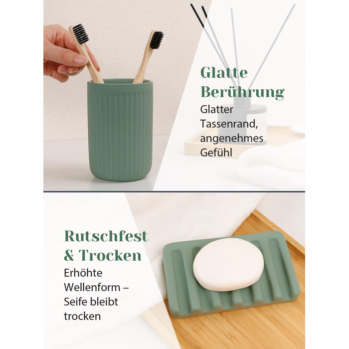 Набір аксесуарів для ванної кімнати 4 шт. з кераміки: дозатор для мила 350 мл, стакан для зубної пасти, мильниця, контейнер для ватних паличок. Декоративний набір для раковини (зелений)