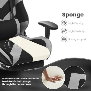 Крісло ігрове WOLTU з тканини, дихаюче, для літа, ергономічне, з підтримкою попереку, для геймерів, racing, PC, з функцією гойдання та підніжкою, для стрімінгу, чорно-сіре, тканинне