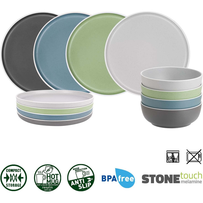 Набір посуду BRUNNER Melamin Camping | 12 предметів - тарілки та миски для 2-4 особи | DOLOMIT Midday - стікючий, стійкий до подряпин