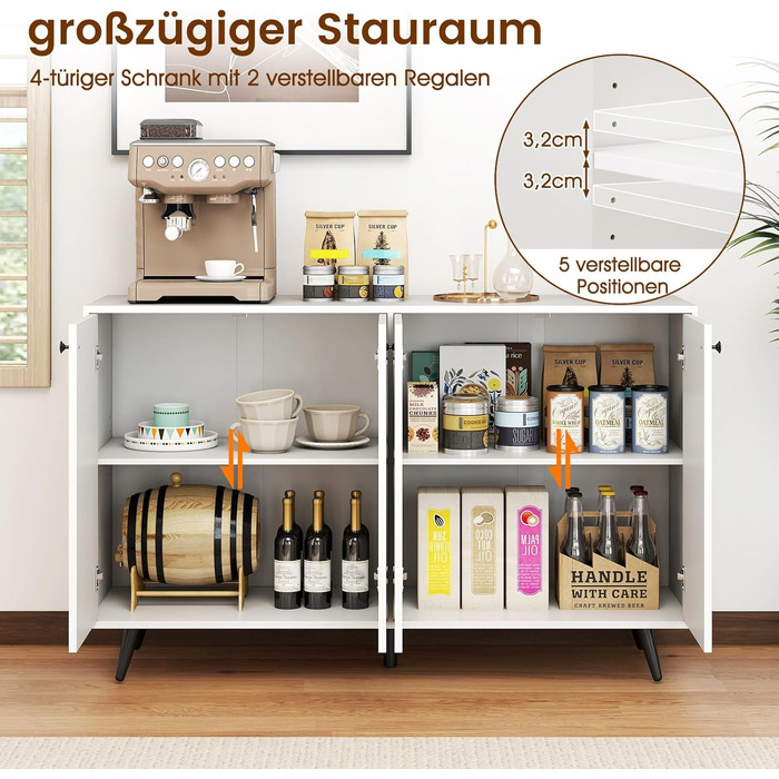 COSTWAY Комод-тумба з 4 дверцятами та 5 регульованими полицями, білий, 127,5 x 38 x 80 см. Підходить для вітальні, кухні, їдальні