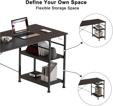 Ігровий кутовий стіл L-подібної форми з LED-підсвічуванням та розетками, 140x140 см, реверсивний комп'ютерний стіл з підставкою для монітора, 4 полиці та бічні кишені для дому та офісу (Чорний, 140x140x74 см)