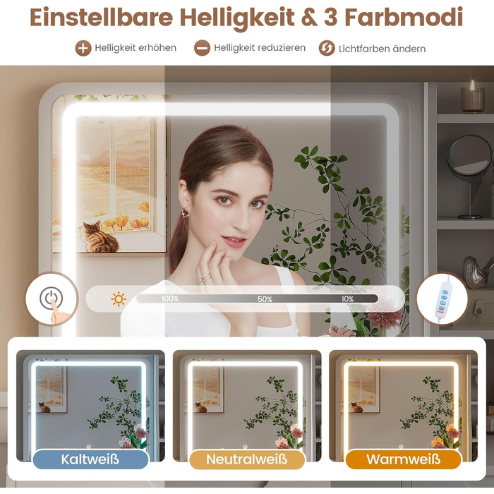 Білий туалетний столик для макіяжу з LED-підсвічуванням та дзеркалом | 3 ящики, 3 полиці, шафка | Столик для макіяжу для спальні