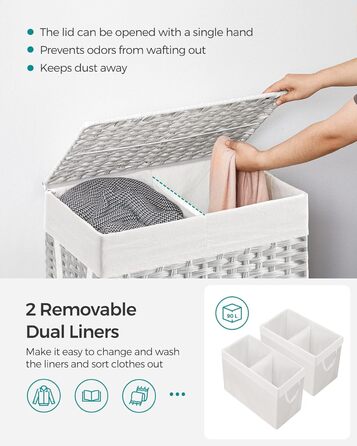 Кошик для білизни Songmics з кришкою, 90 л, з 6 мішечками, з плетеного ротанг, для ванної кімнати, 33 x 46 x 60 см