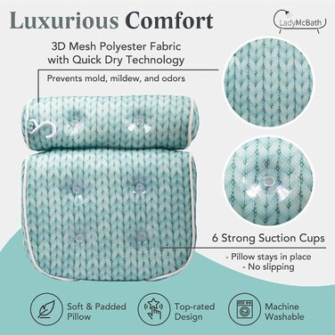 Подушка для ванни Lady McBath – розкішна подушка для ванни з підтримкою шиї та спини, потужні присоски, можна прати в машині, аксесуар для ванни для релаксації (блакитний)