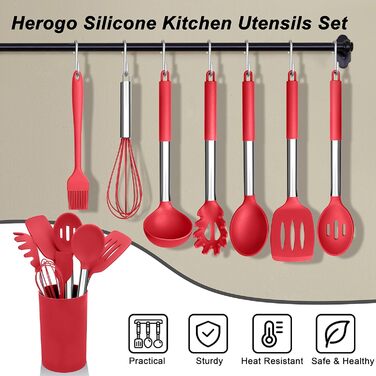 Набір кухонних аксесуарів Herogo, 12 шт. Силіконові кухонні інструменти з нержавіючою сталею, термостійкі, лопатки, ложки, шпателі з підставкою, легко миються (Червоний)