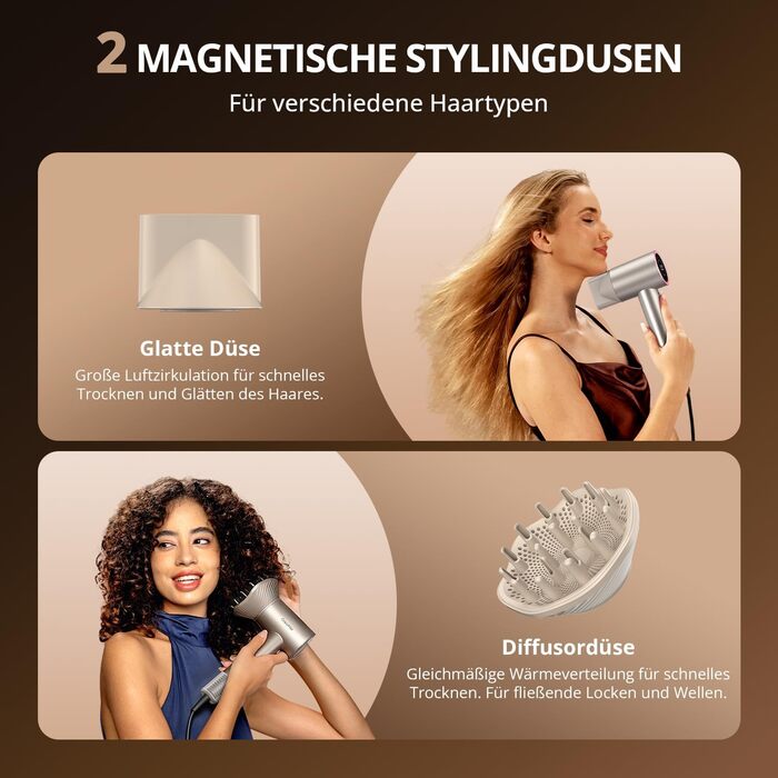 Іонний фен для волосся з безщіточковим двигуном 180 000 об/хв, компактний дорожній фен з 4 режимами температури та захистом від перегріву, колір Oro Champán