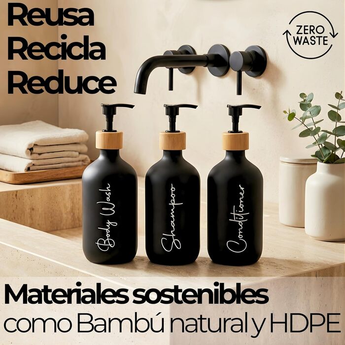 Набір дозаторів для мила в ванну кімнату, матовий чорний, 500 мл, 3 шт. для гелю та шампуню, з воронкою, елегантний та практичний
