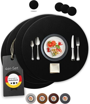 Набори серветок Garnier® з еко-шкіри, 4 шт. – миючі, стійкі, з антиковзаючою поверхнею – з екологічної переробленої шкіри, Made in Germany (круглі, чорні)